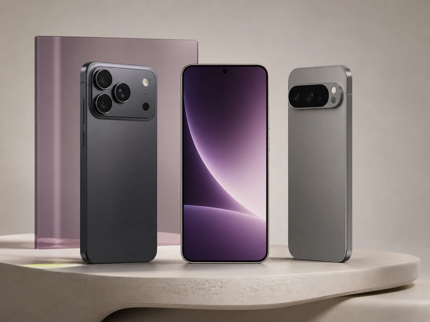 Illustrative studio composition of three modern smartphones